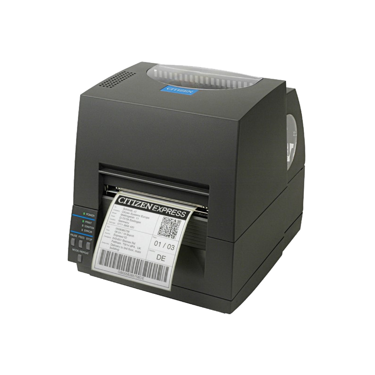 Citizen CL-S631II 4-inch thermal transfer desktop label printer, 300 dpi, USB and RS-232, black (CLS631IINEBXX) – angled view