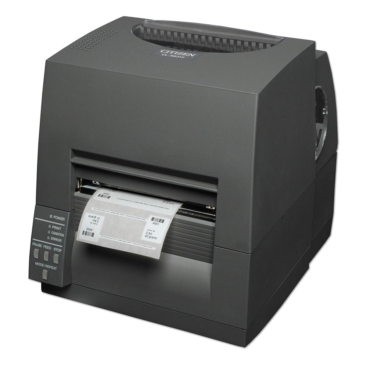 Citizen CL-S631II 4-inch thermal transfer desktop label printer, 300 dpi, USB and RS-232, black (CLS631IINEBXX) – front view