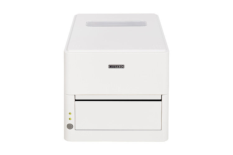 Citizen CL-H300SV 4-inch direct thermal desktop label printer with antibacterial housing, 203 dpi, USB, white (CLH300SVXEWNXXA) – angled front view