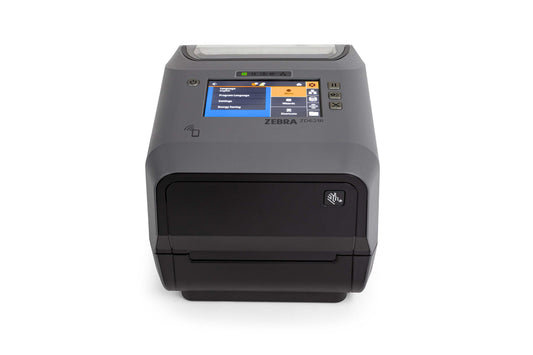 Zebra ZD621R 4-inch thermal transfer UHF RFID desktop label printer, grey, colour touch display, 300 dpi, peeler (dispenser), USB + Ethernet + RS-232 (ZD6A143-31EFR2EZ) – front view