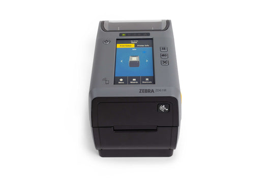 Zebra ZD611t 2-inch thermal transfer desktop label printer, dark grey, 300 dpi, tear-off, USB + Ethernet (ZD6A123-T0EE00EZ) – colour display front view