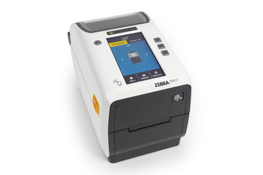 Zebra ZD611t-HC 2-inch thermal transfer healthcare desktop label printer, white, 300 dpi, tear-off, USB + Ethernet (ZD6AH23-T0EE00EZ) – front view