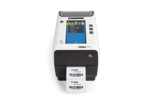 Zebra ZD611t-HC 2-inch thermal transfer healthcare desktop label printer, white, 300 dpi, tear-off, USB + Ethernet (ZD6AH23-T0EE00EZ) – printing a label