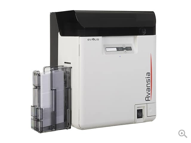 Evolis Avansia retransfer plastic card printer, dual-sided, LCD display, magnetic stripe encoder, USB + Ethernet, 600 dpi, retransfer dye sublimation (AV1HB000BD) – angled view