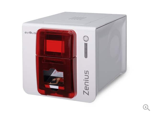 Evolis Zenius Classic GO PACK plastic card printer, fire red, single-sided, USB, 300 dpi, dye sublimation / thermal transfer (ZN1U-GP1) – angled view