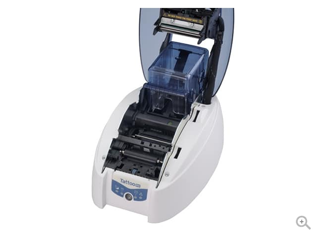 Evolis Tattoo RW rewritable plastic card printer, single-sided, USB + Ethernet, contactless encoder, 300 dpi, thermal rewrite (TTR201BBH-00HS) – open cover