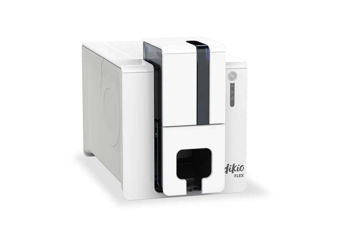Evolis Edikio Flex Guest plastic card printer, single-sided colour + monochrome, long label format, USB + Ethernet, with Guest software, black cards + white ribbon, 300 dpi, dye sublimation / thermal transfer (EF1H0000XS-BS012) – left side view