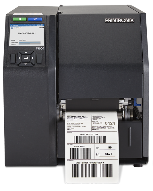 Printronix Auto ID T8304 industrial label printer, 4-inch, tear-off, 300 dpi, thermal transfer (T83X4-3100-0) – front view