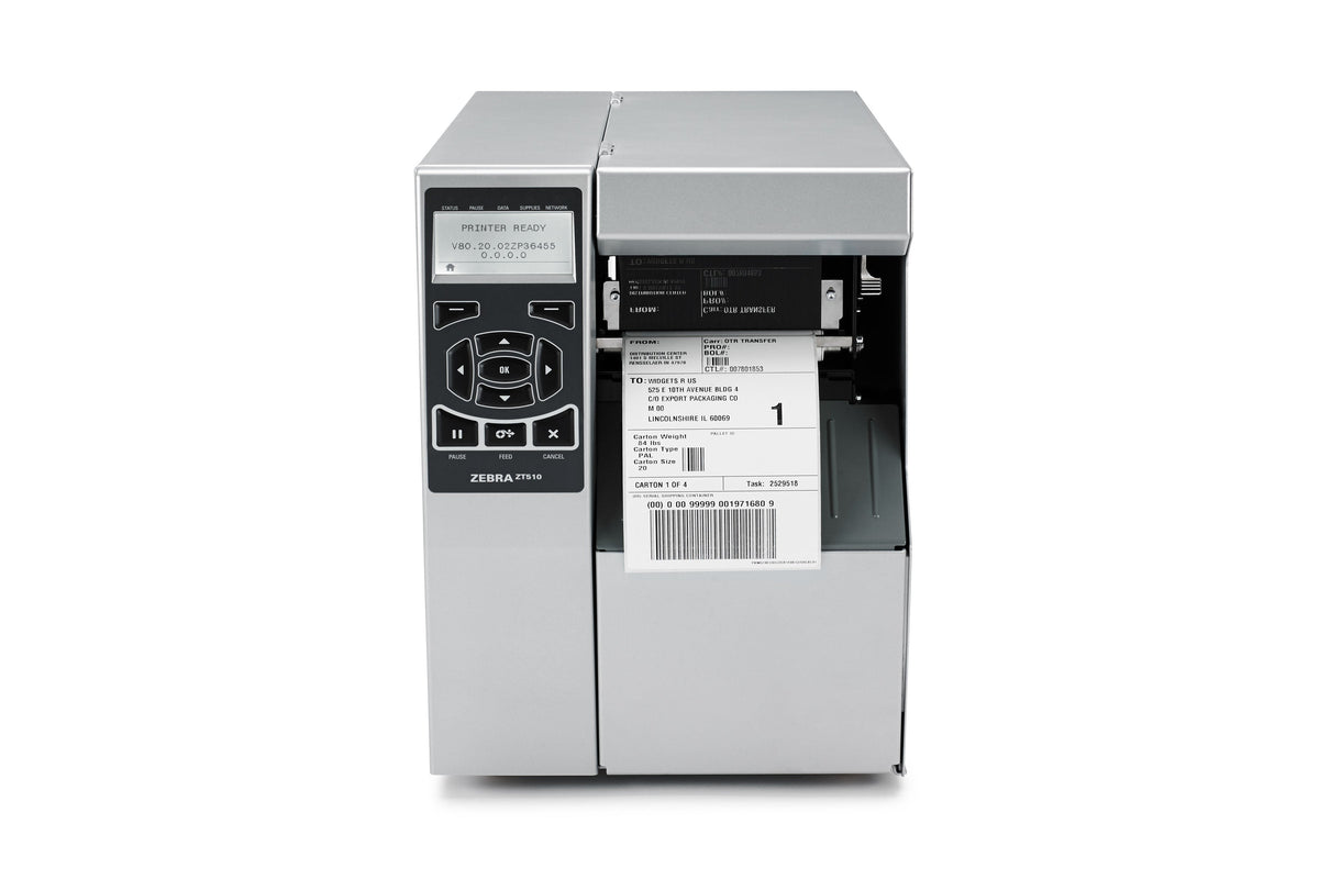Zebra ZT510 industrial label printer, multi-line LCD, tear-off, 203 dpi, thermal transfer (ZT51042-T0E0000Z) – front view printing a label