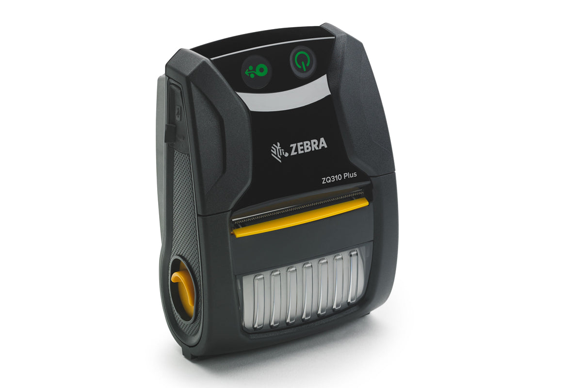 Zebra ZQ310 Plus mobile receipt printer, outdoor model, Bluetooth, linerless (ZQ31-A0E14TE-00) – 3/4 view with media door