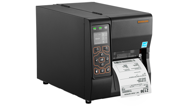 BIXOLON XT3-40 industrial label printer, 2.4-inch colour LCD, tear-off, 203 dpi, thermal transfer (XT3-40/BEG) – side angled view with label