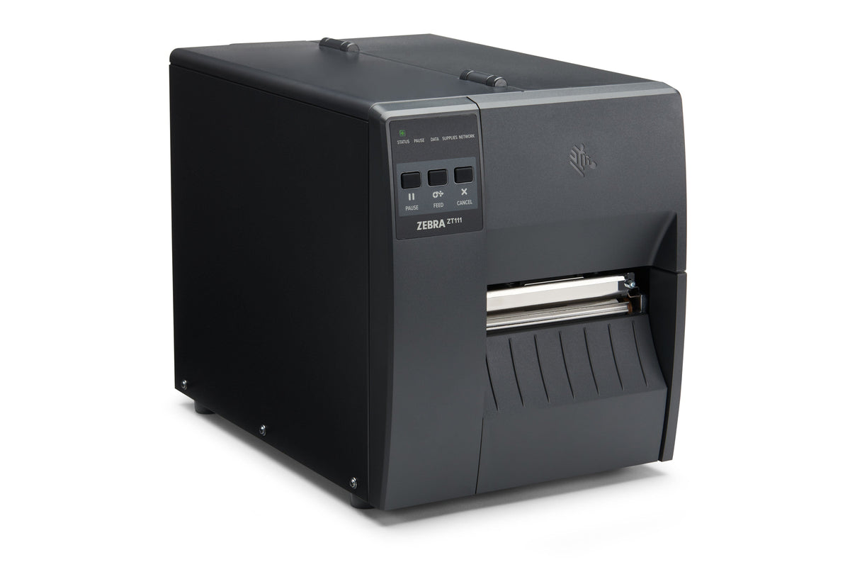 Zebra ZT111 industrial label printer, tear-off, 203 dpi, direct thermal (ZT11142-D0E000FZ) – angled front view