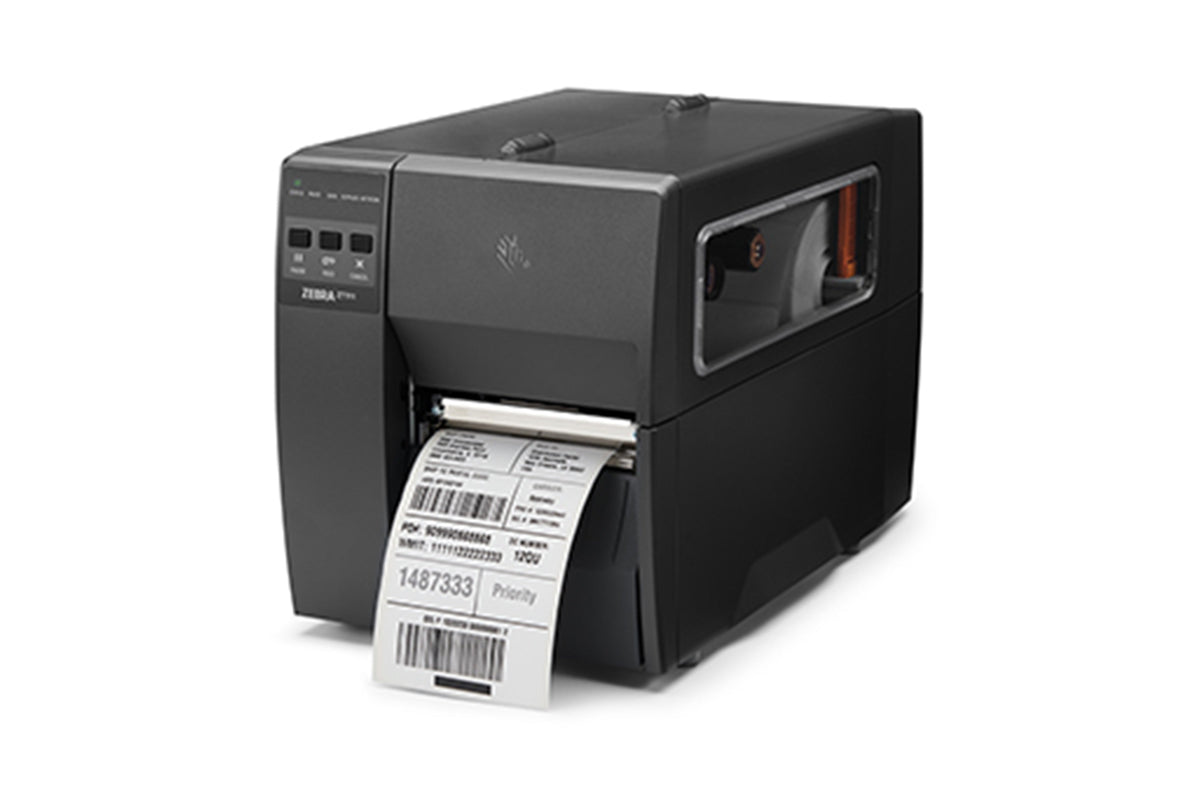 Zebra ZT111 industrial label printer, tear-off, 203 dpi, direct thermal (ZT11142-D0E000FZ) – side view printing a label