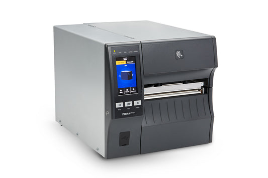 Zebra ZT421 industrial label printer, tear-off, 203 dpi, thermal transfer (ZT42162-T0E0000Z) – angled front view