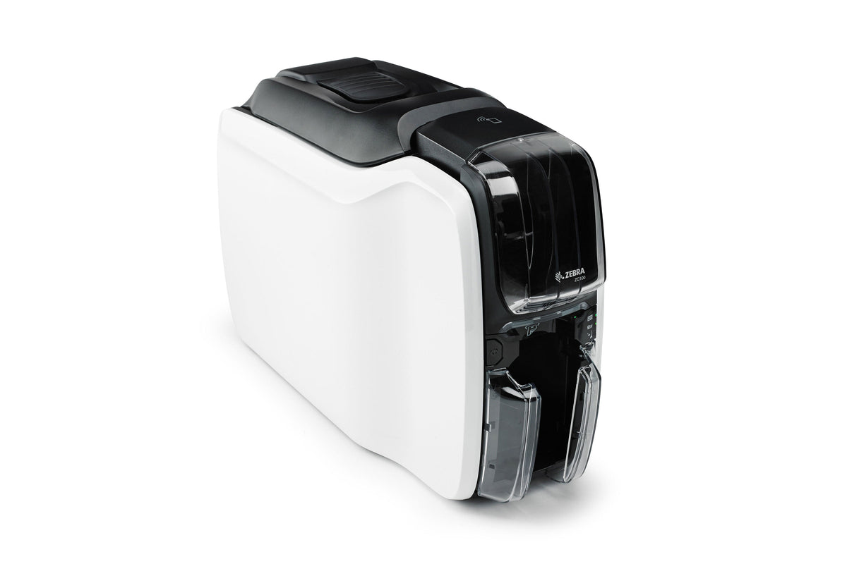 Zebra ZC100 plastic card printer, single-sided, magnetic stripe encoder (ZC11-0M00000EM00) – angled front view