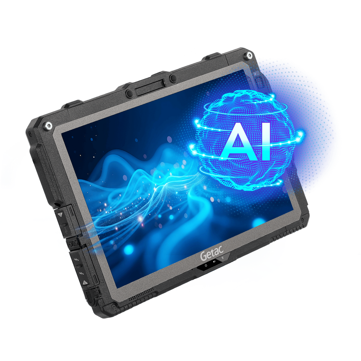 Getac UX10 G5 rugged 10.1-inch tablet, HF RFID reader, hard handle (UW1C64VIXDSX) – angled view