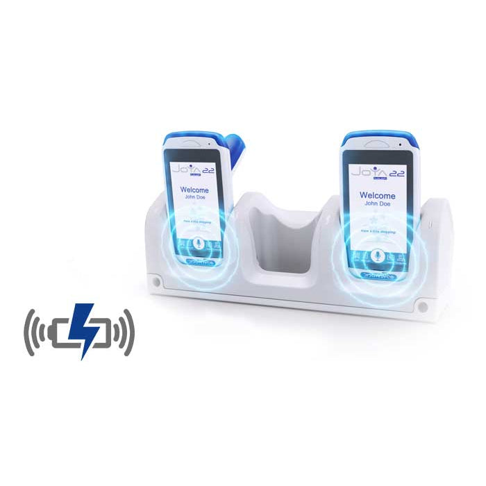 Datalogic Joya Touch 22 self-shopping Android handheld terminal, grey/blue, handheld (911400002) – in wireless charging cradle
