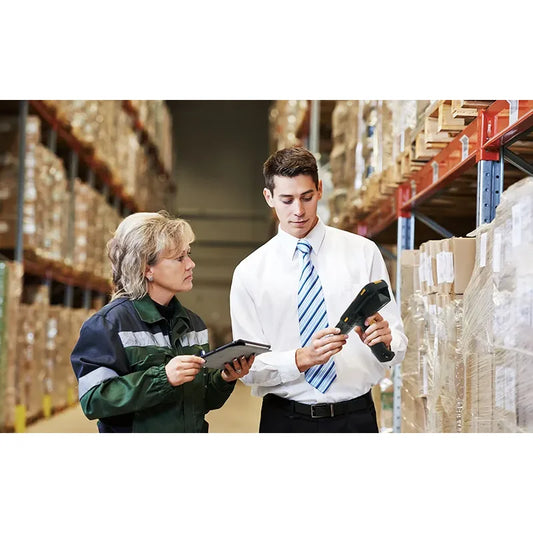 CipherLab RK95 industrial Android mobile computer, pistol grip, 38-key numeric/function keypad, extended-range 2D imager (AK95786N3NPS1) – pistol grip in use in warehouse
