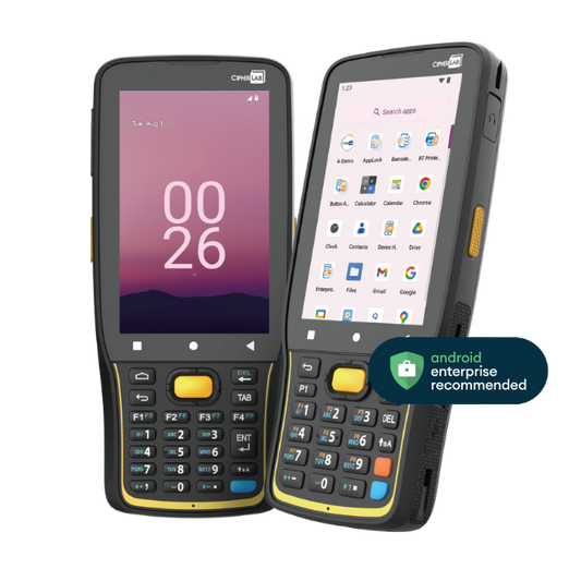 CipherLab RK26 rugged Android mobile computer, 28-key numeric/function keypad, Wi-Fi + 4G LTE, 2D imager (standard range, SE4750) (AK26ES4DFEG41) – front and angled view