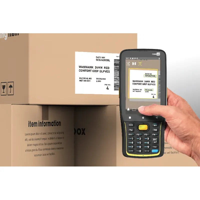 CipherLab RK26 rugged Android mobile computer, 28-key numeric/function keypad, Wi-Fi + 4G LTE, 2D imager (standard range, SE4750) (AK26ES4DFEG41) – scanning a label