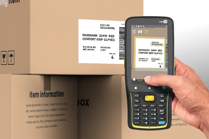 CipherLab RK26 rugged Android mobile computer, 28-key numeric/function keypad, Wi-Fi, 2D imager (medium range, SE4750) (AK266M4DFNG41) – scanning a label