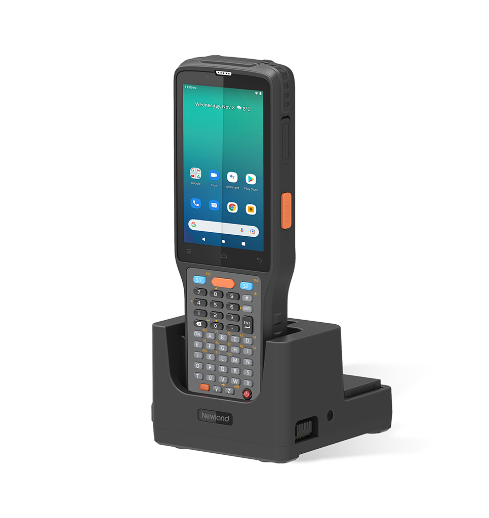 Newland N7 Cachalot Pro II Android mobile computer, 47-key keypad, 2D imager (N7-Pro-W4-S4-A13) – front view in charging cradle