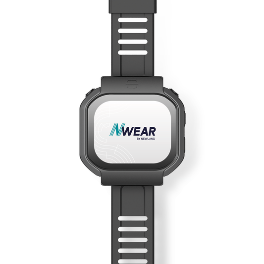 Newland WD5 industrial smartwatch wearable computer with 2D barcode scanner (NLS-WD5-ISW) – front view with strap