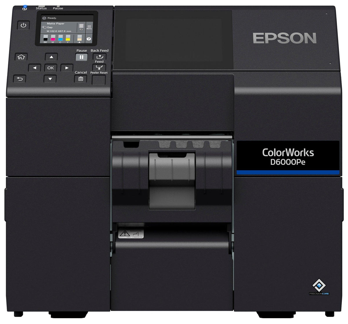 Epson ColorWorks D6000Pe colour label printer, 4-inch, peel-and-present, 1200 x 1200 dpi, inkjet (C31CL90202) – front view
