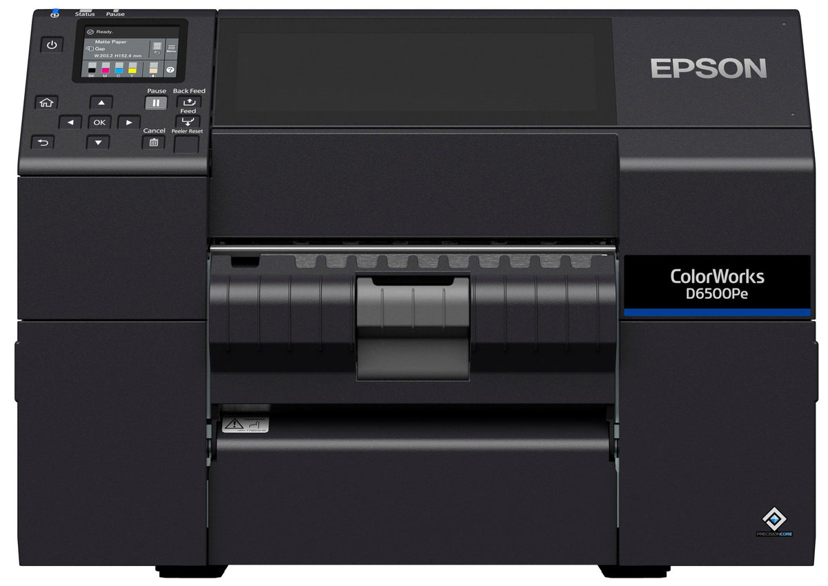 Epson ColorWorks D6500Pe colour label printer, 8-inch, peel-and-present, 1200 x 1200 dpi, inkjet (C31CL91202) – front view
