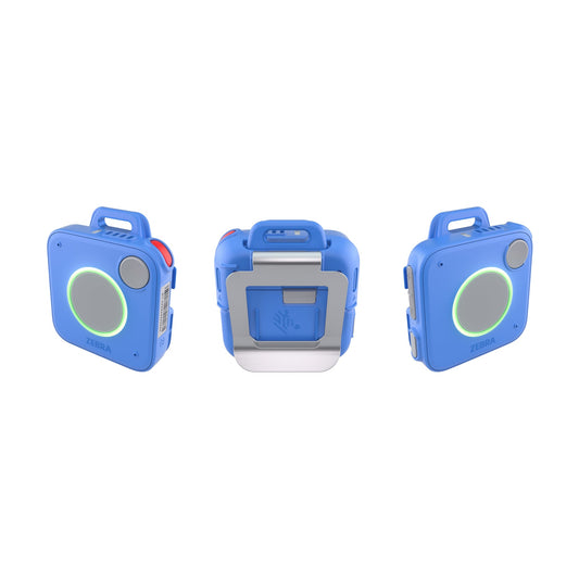 Zebra WS101-H wearable communication device, healthcare model (blue), no ports, cradle charging (WS1013-0HC00040EWR) – front, back and side views