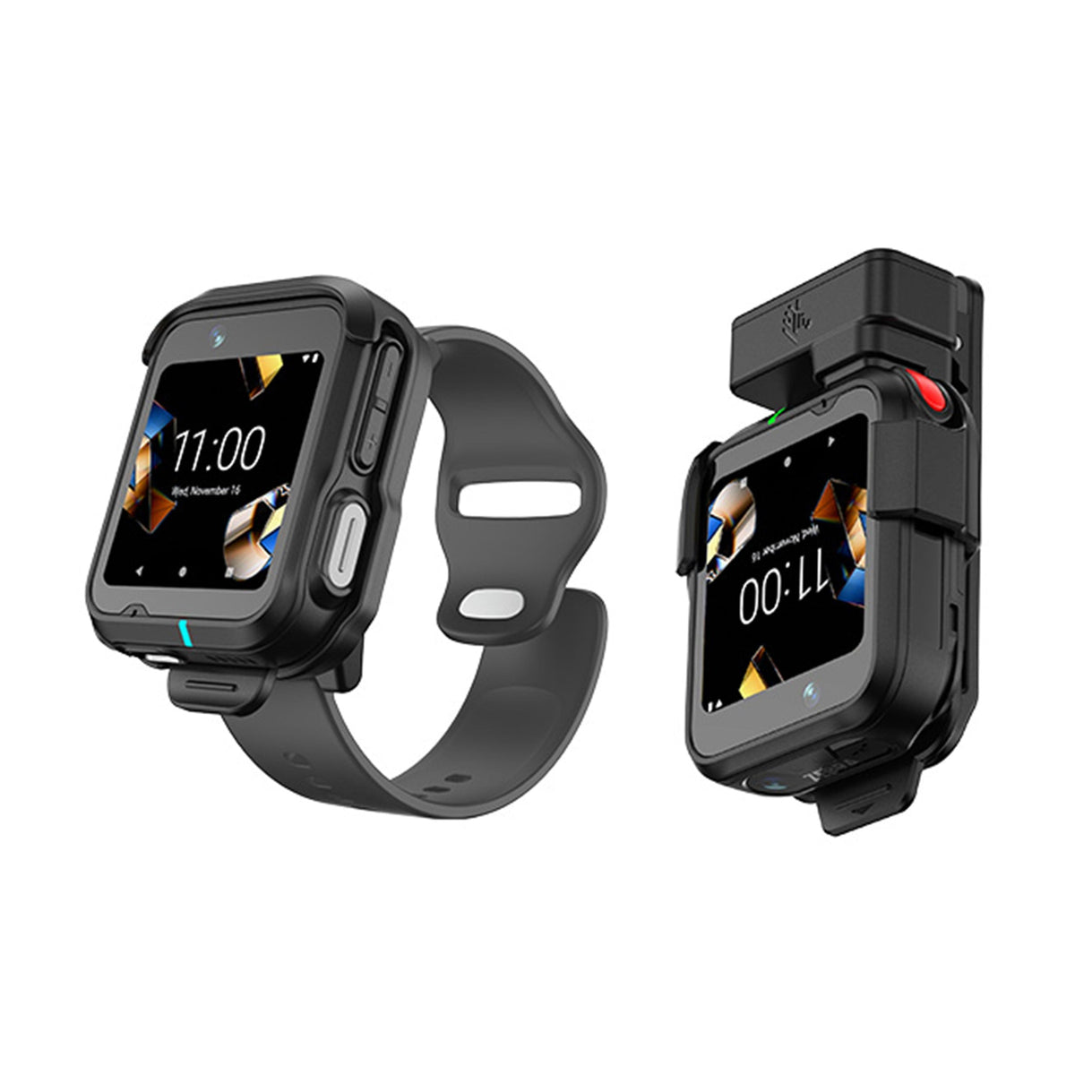 Zebra WS301 wrist-worn smartwatch-style mobile computer, wrist mount with 26 mm strap (WS3012-0W304E51EA6) – shown with wrist mount and clip mount