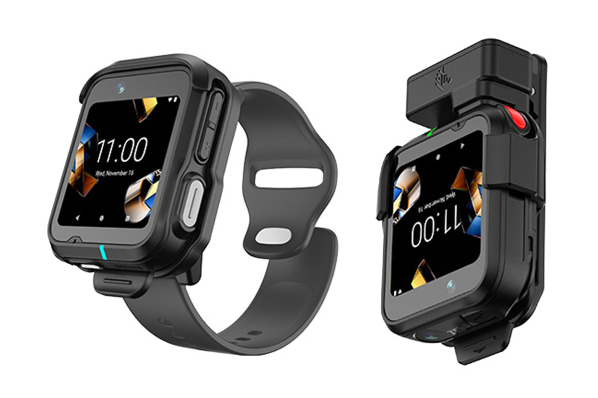 Zebra WS301 wrist-worn smartwatch-style mobile computer, wrist mount with 26 mm strap (WS3012-0W304E51EA6) – shown with wrist mount and clip mount